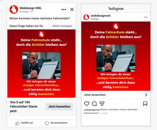 Facebook and Instagram ad creatives for driving schools