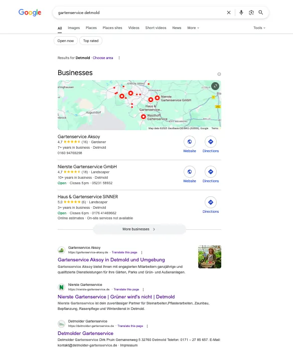 Google result, Gartenservice Detmold