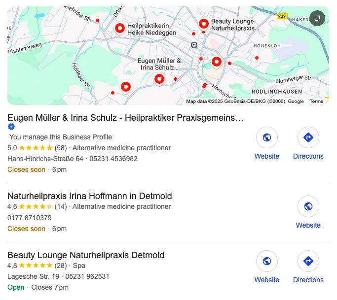 Google Maps result, Heilpraktiker Detmold