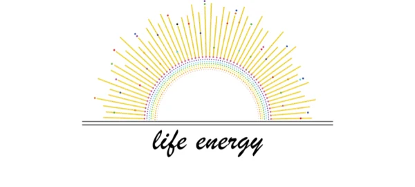 Life Energy logo, a rising sun of colored rays