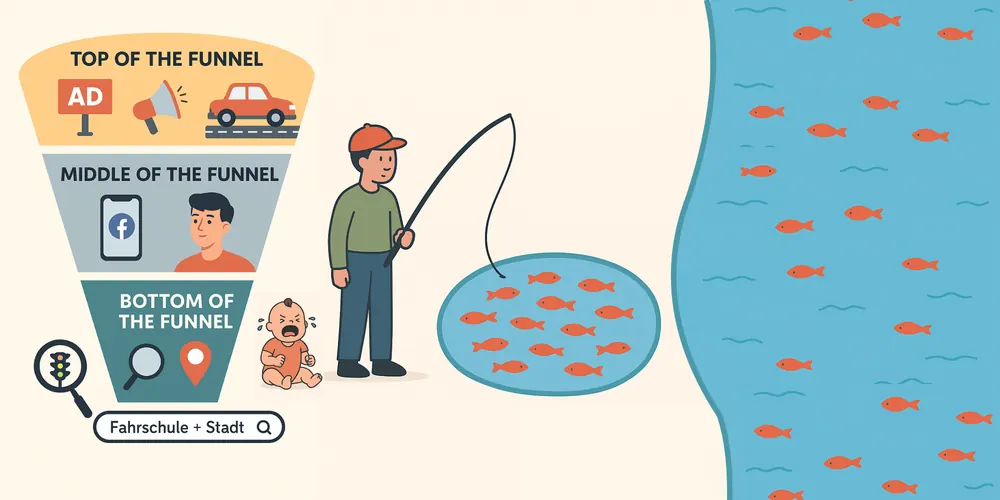 Marketing funnel illustration, top, middle and bottom of funnel