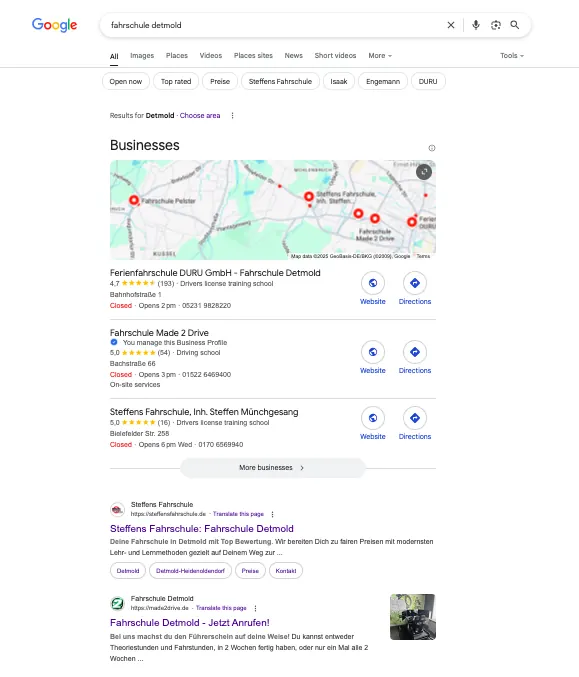 Google result, Fahrschule Detmold