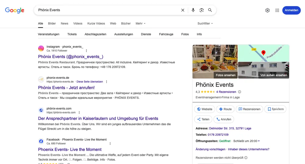 Google result, Phönix Events
